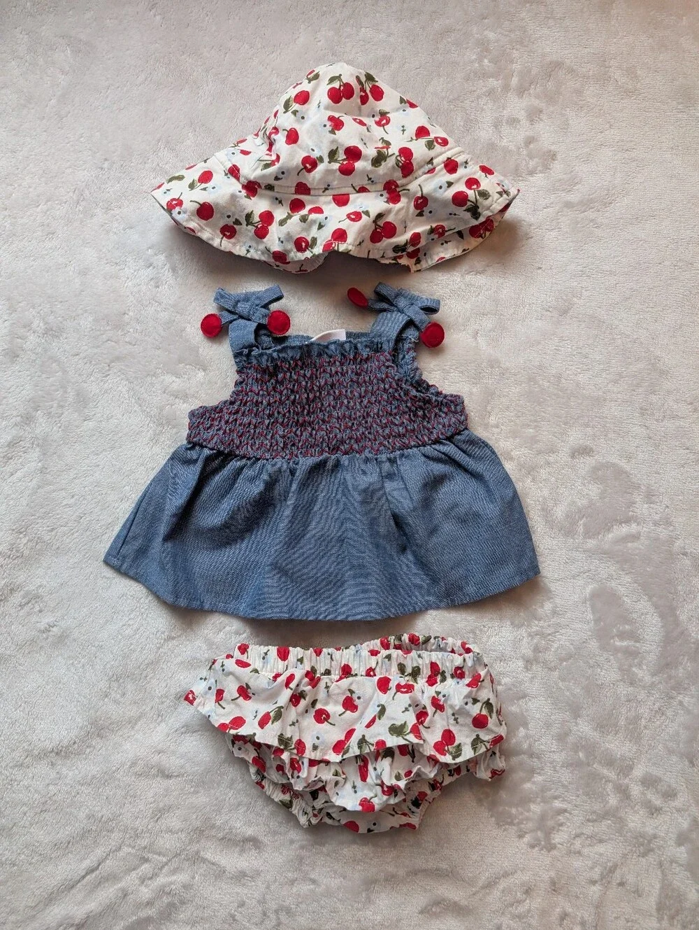 Little Lass Baby 3-6M 3pc Cherry Outfit Set Denim Dress Hat Bloomers
